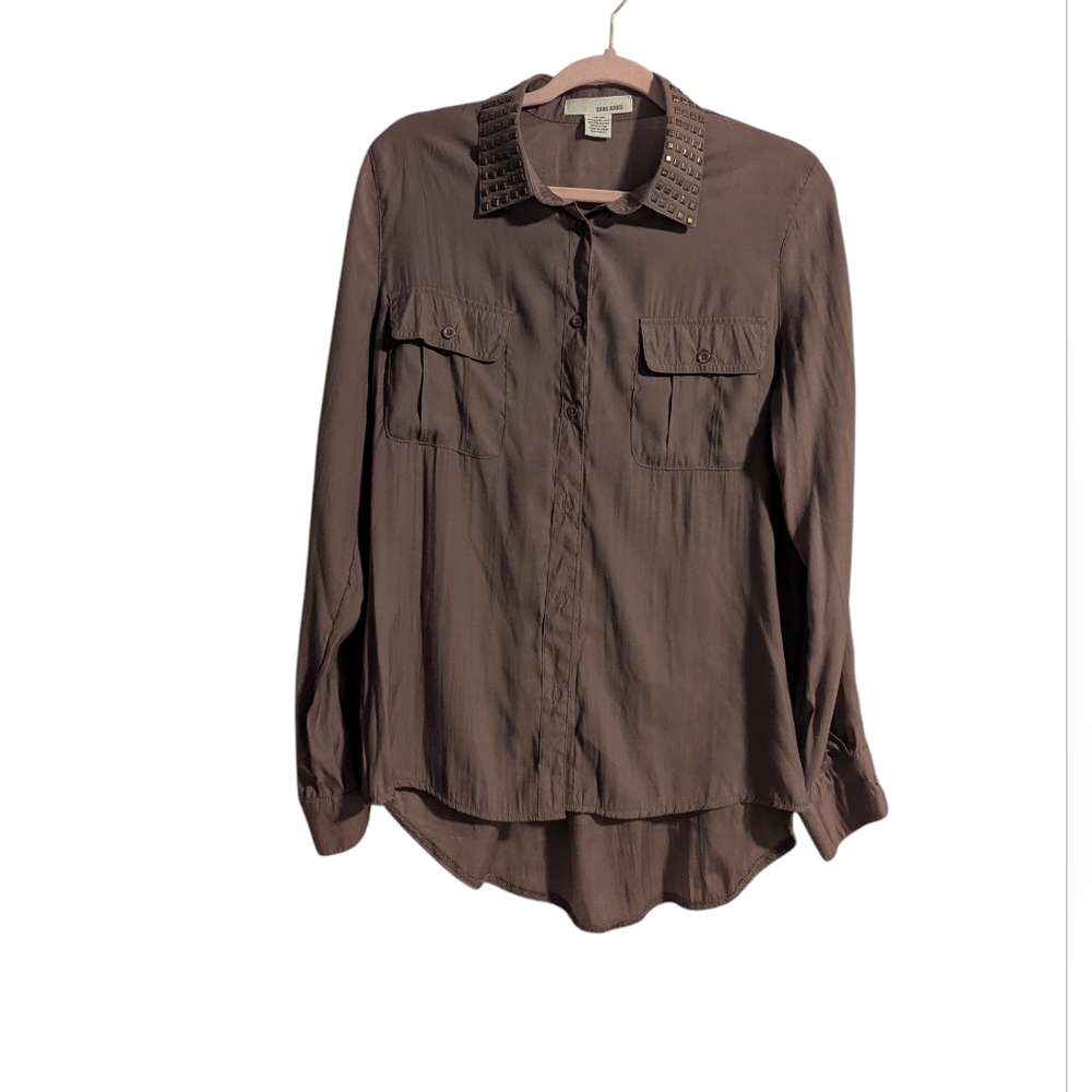 Sans Souci Brown Blouse.Size Large. Studded Collar. High Low Hem. Fall Color.